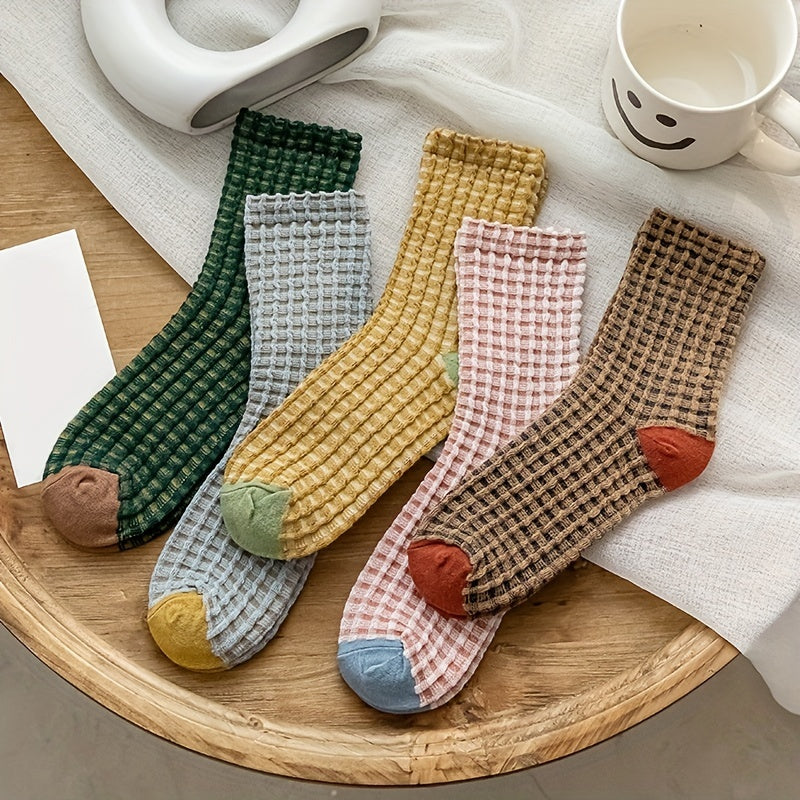 5 Pairs Plaid Textured Socks Comfy & Breathable Women's Stockings