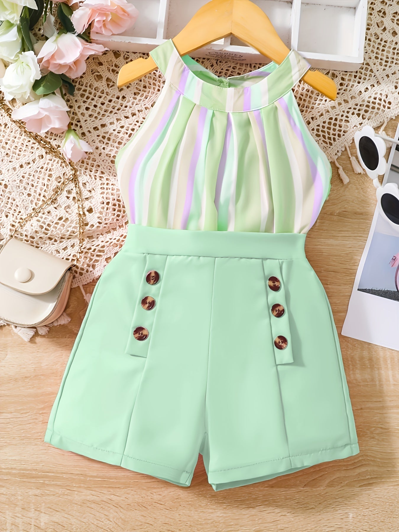 Girl's Rainbow Striped Halter Top & Button Shorts Set Beach Holiday Outfit