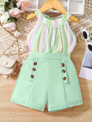 Girl's Rainbow Striped Halter Top & Button Shorts Set Beach Holiday Outfit