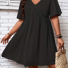 Casual Dress Solid V Neck Short Sleeve Ruched Dress