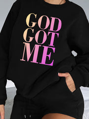 Women's Plus Slogan Print Fleece Liner Sweatshirt & Shorts Set