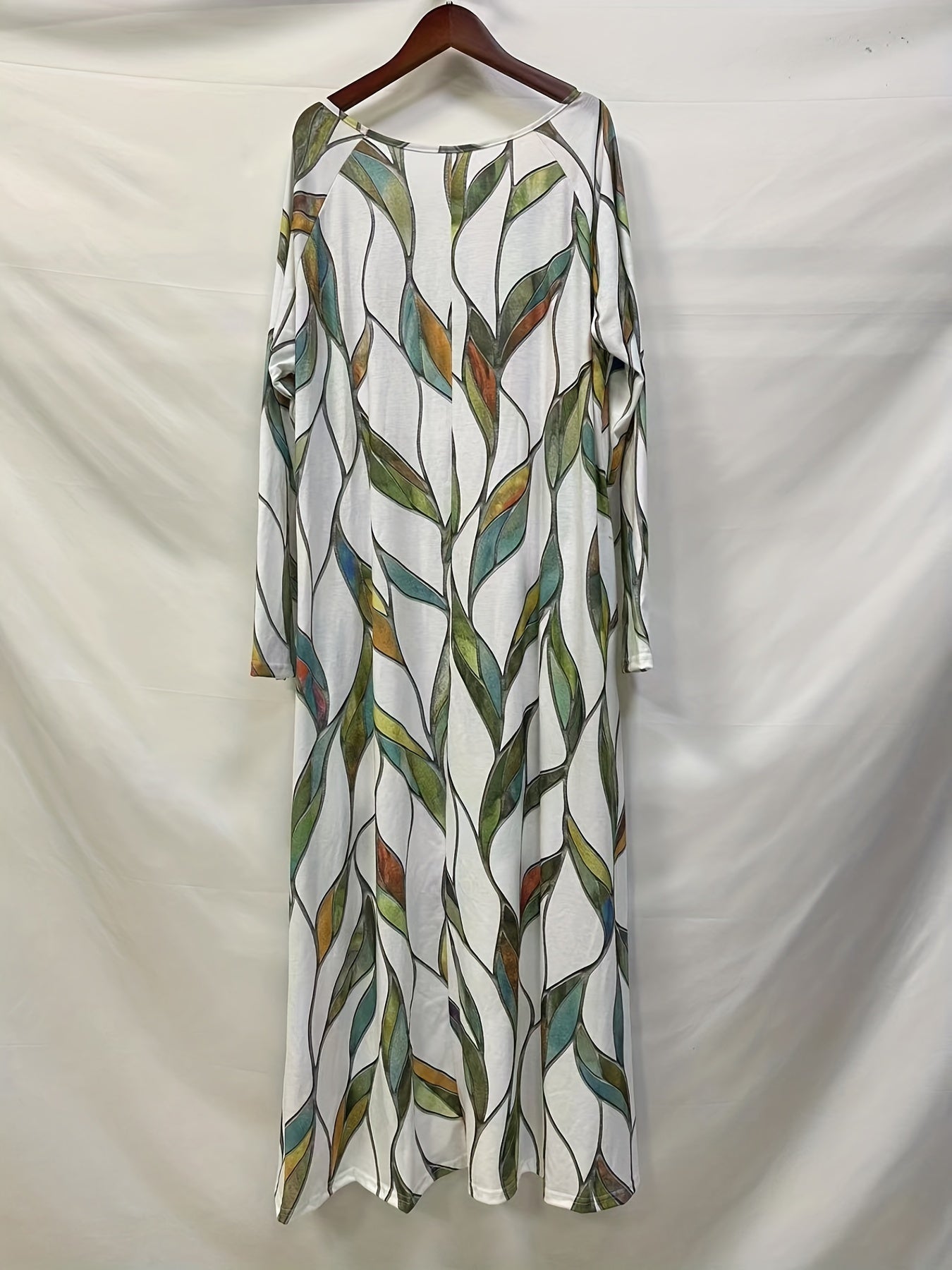 Leaf Print Long Sleeve Pleated Maxi Dress