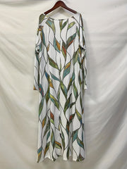 Leaf Print Long Sleeve Pleated Maxi Dress