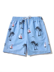 Men's Casual Cerulean Sports Shorts with Tropical Print for Holiday Party