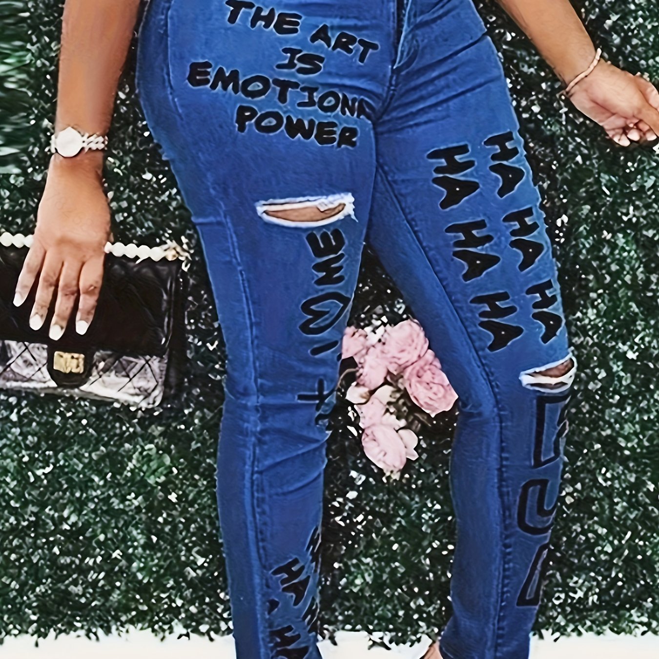 Women's Ripped Skinny Jeans with Slogan Print