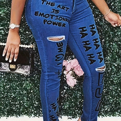Women's Ripped Skinny Jeans with Slogan Print