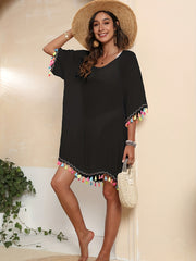 Colorful Tassel Trim Tie Back Coverup 3/4 Sleeve Sheer Dress Kaftan
