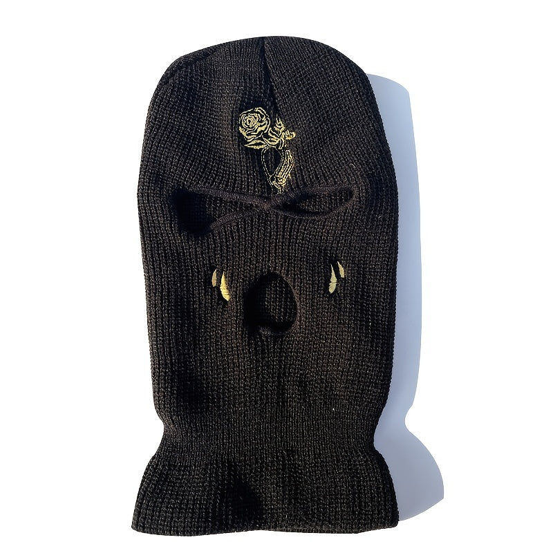 Rose Tears Embroidery Balaclava Hat Ski Mask Winter Soft Knit Warm