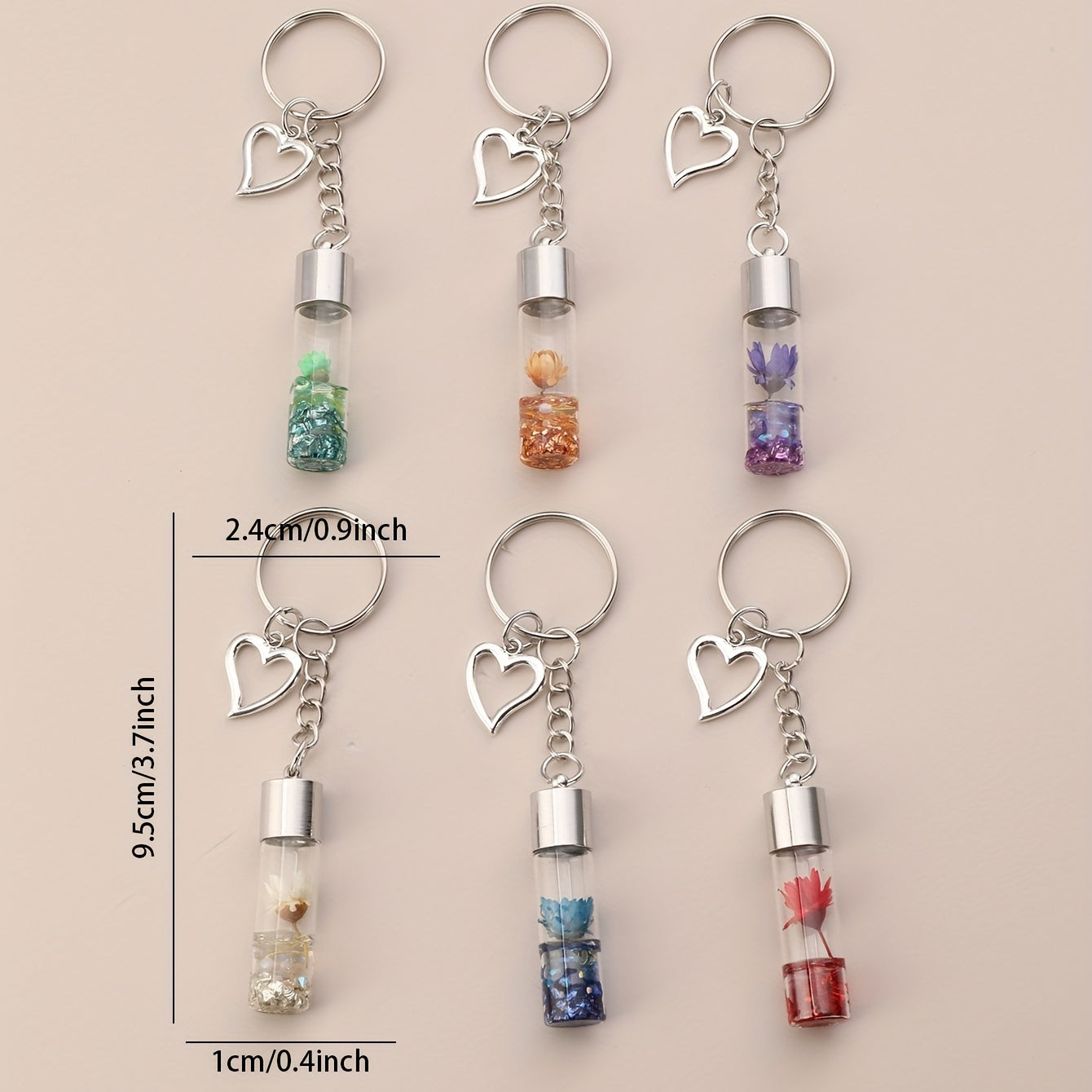 6pcs Flower In Bottle Keychain Heart Key Ring Purse Bag Backpack Car Charm