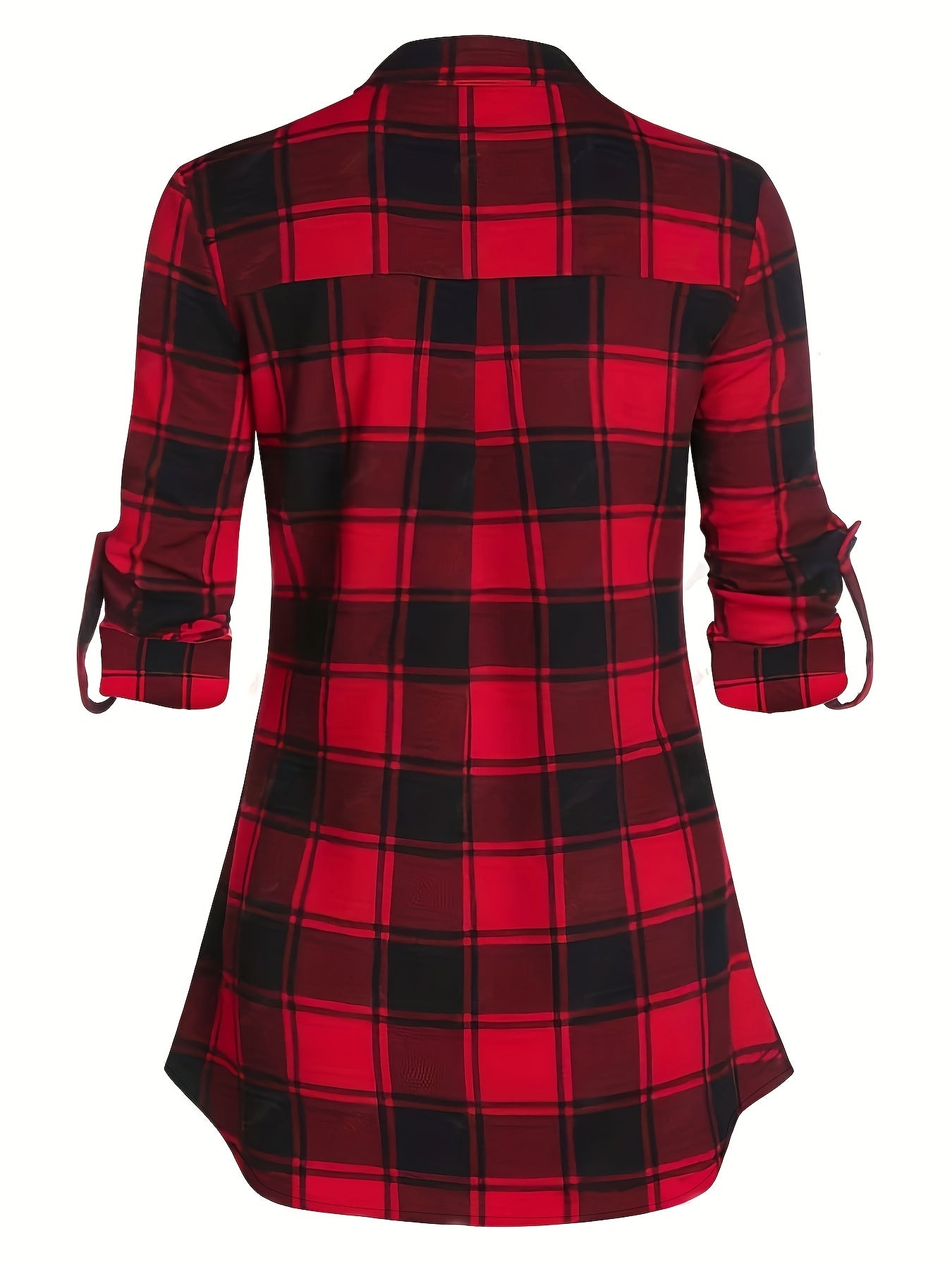 Plaid Print Roll Up Sleeve Notched Neck Blouse