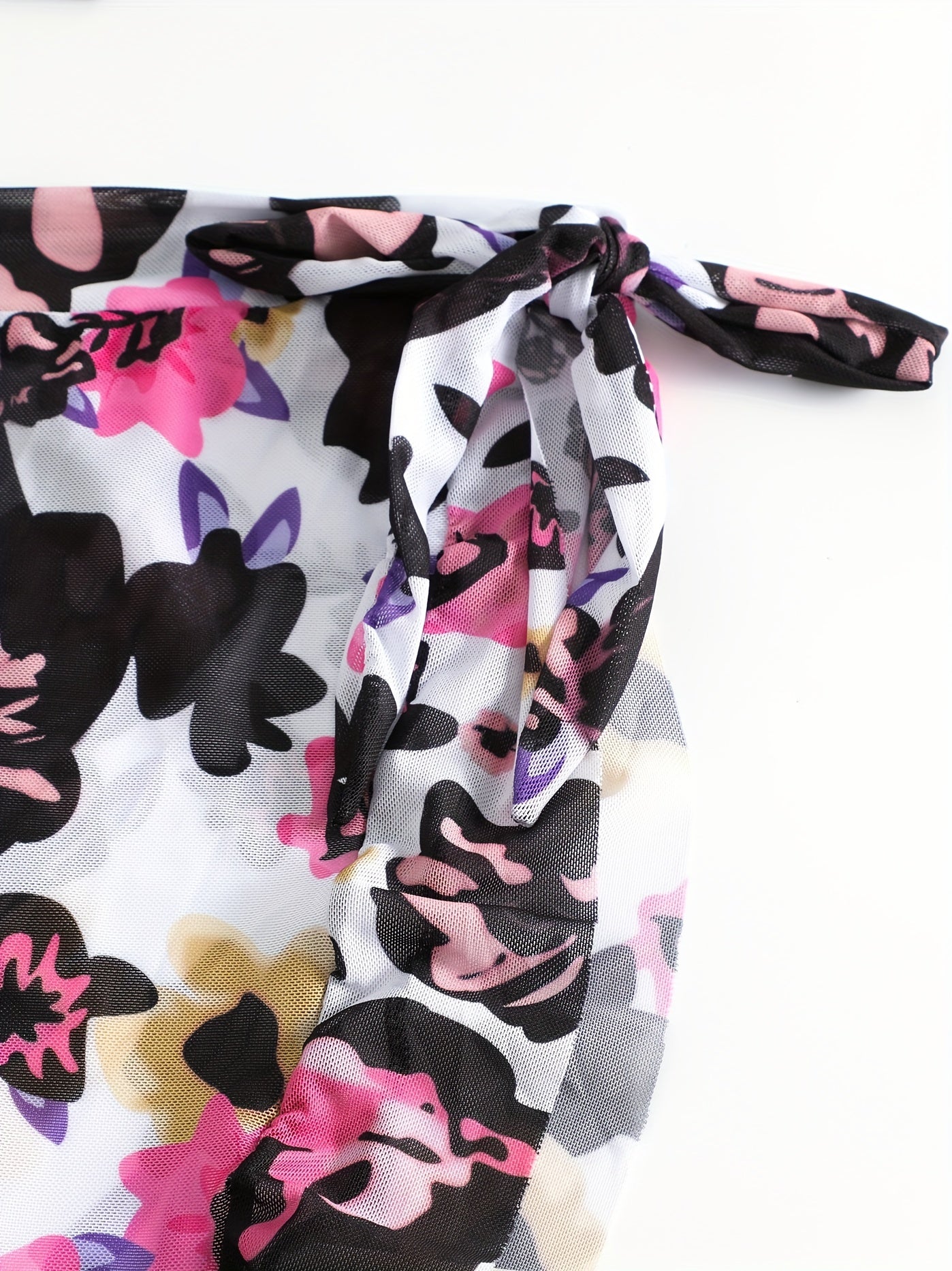Floral Print Cold Shoulder Ruffle Trim Swimsuit Set