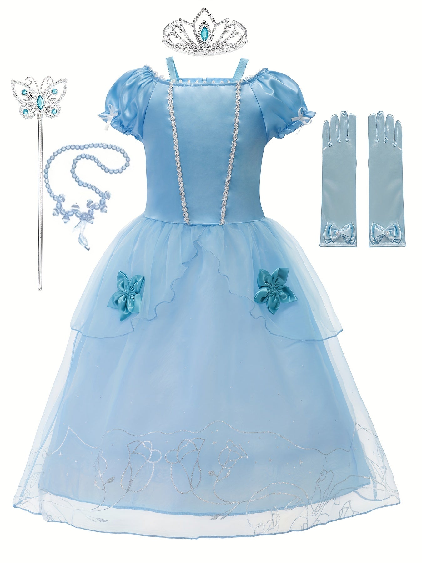 Girls Princess Dress Puff Sleeve Tulle Rose Print Floral Decor Cosplay