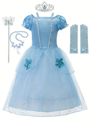 Girls Princess Dress Puff Sleeve Tulle Rose Print Floral Decor Cosplay