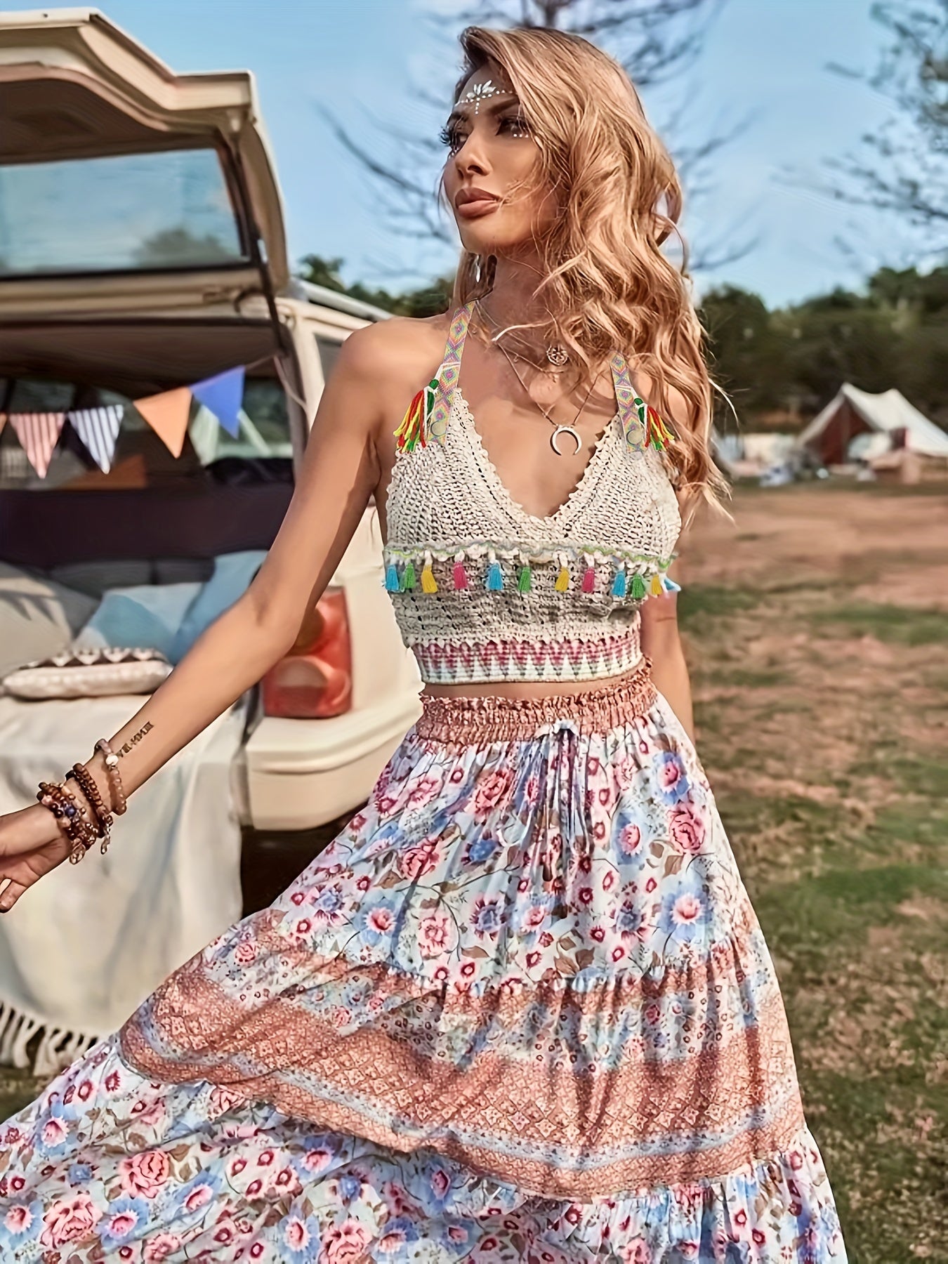 Crochet Tassel Crop Cami Top Boho Beach Backless V Neck Cami