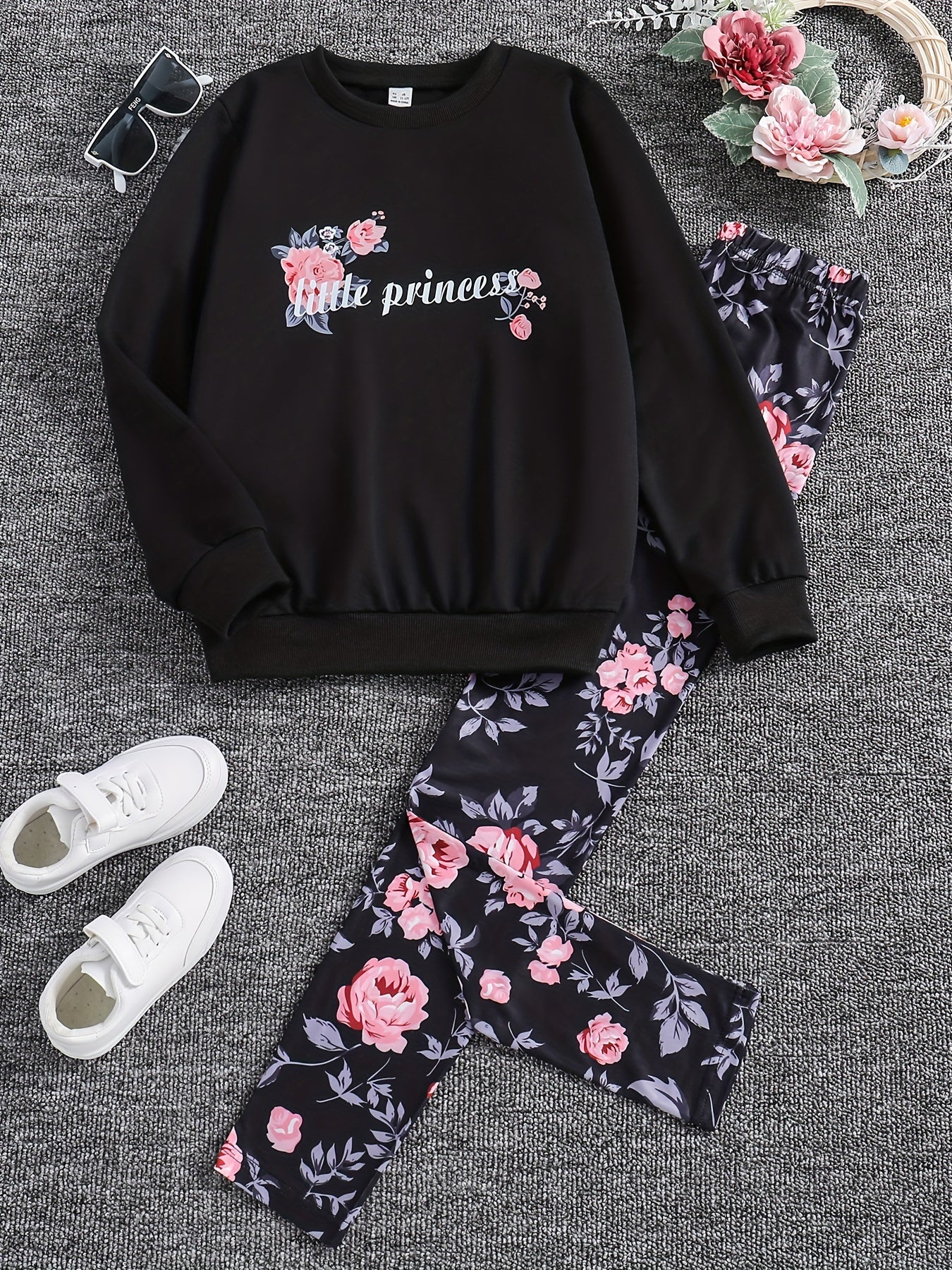 Girl's Floral Pattern 2pcs Sweatshirt & Leggings Set LITTLE PRINCESS Print