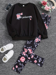 Girl's Floral Pattern 2pcs Sweatshirt & Leggings Set LITTLE PRINCESS Print