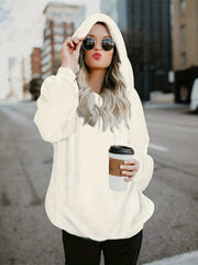 Solid Zip Pocket Fuzzy Hoodie Long Sleeve Drawstring Hoodie Sweatshirt