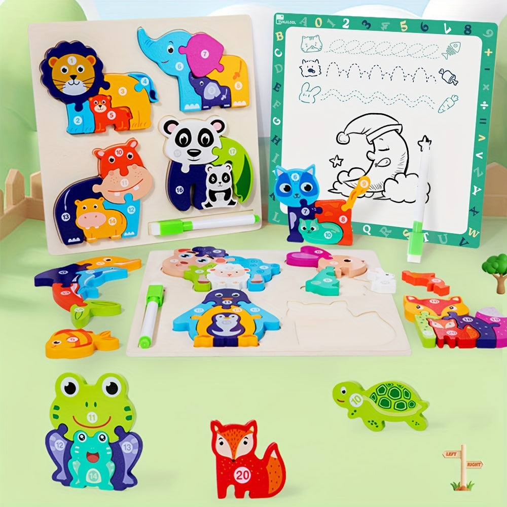 Wooden Animal Puzzle Toy with Reusable Drawing Board Educational Play