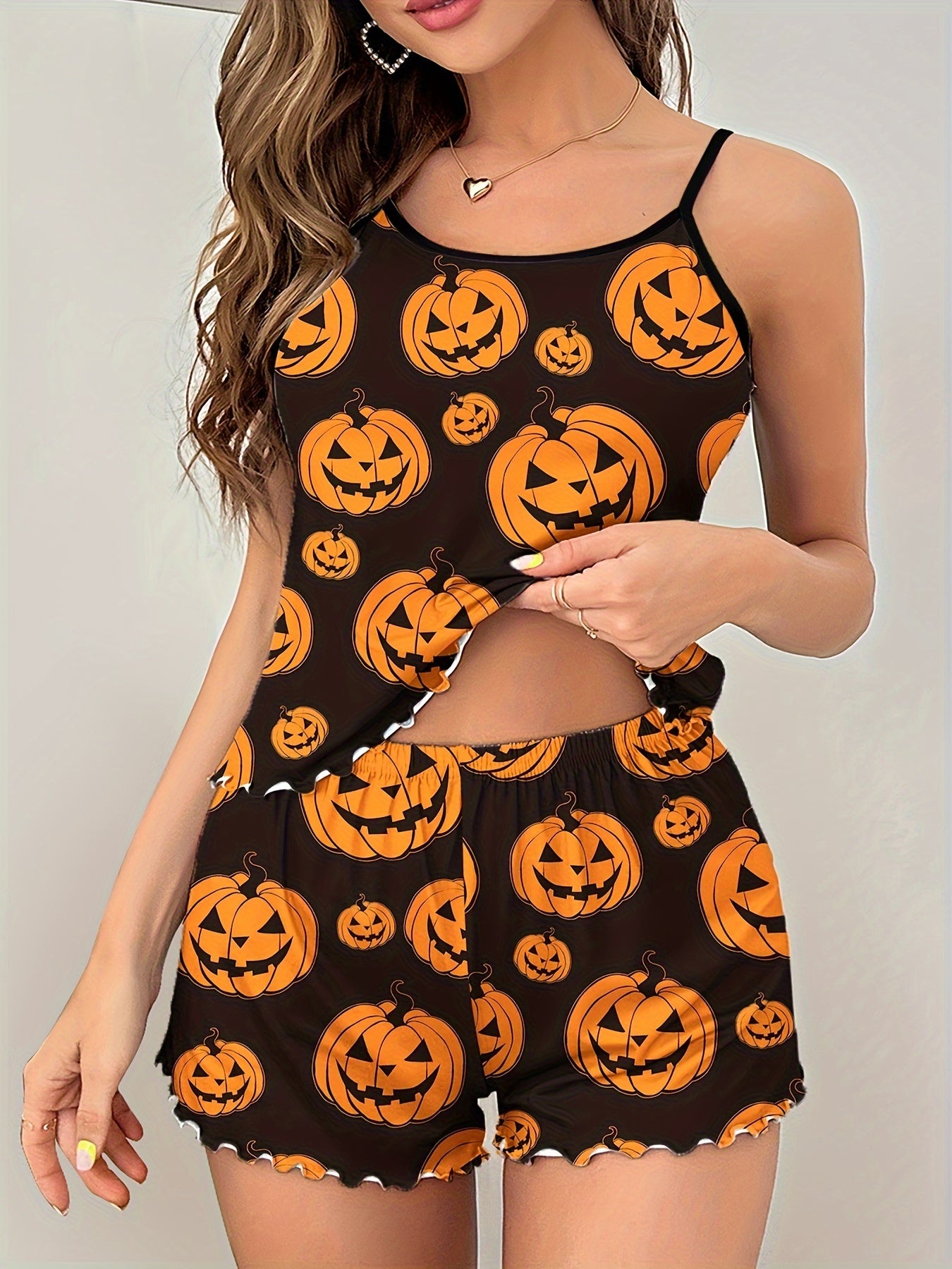 Pumpkin Print Pajama Set Cami Top & Shorts Sleepwear