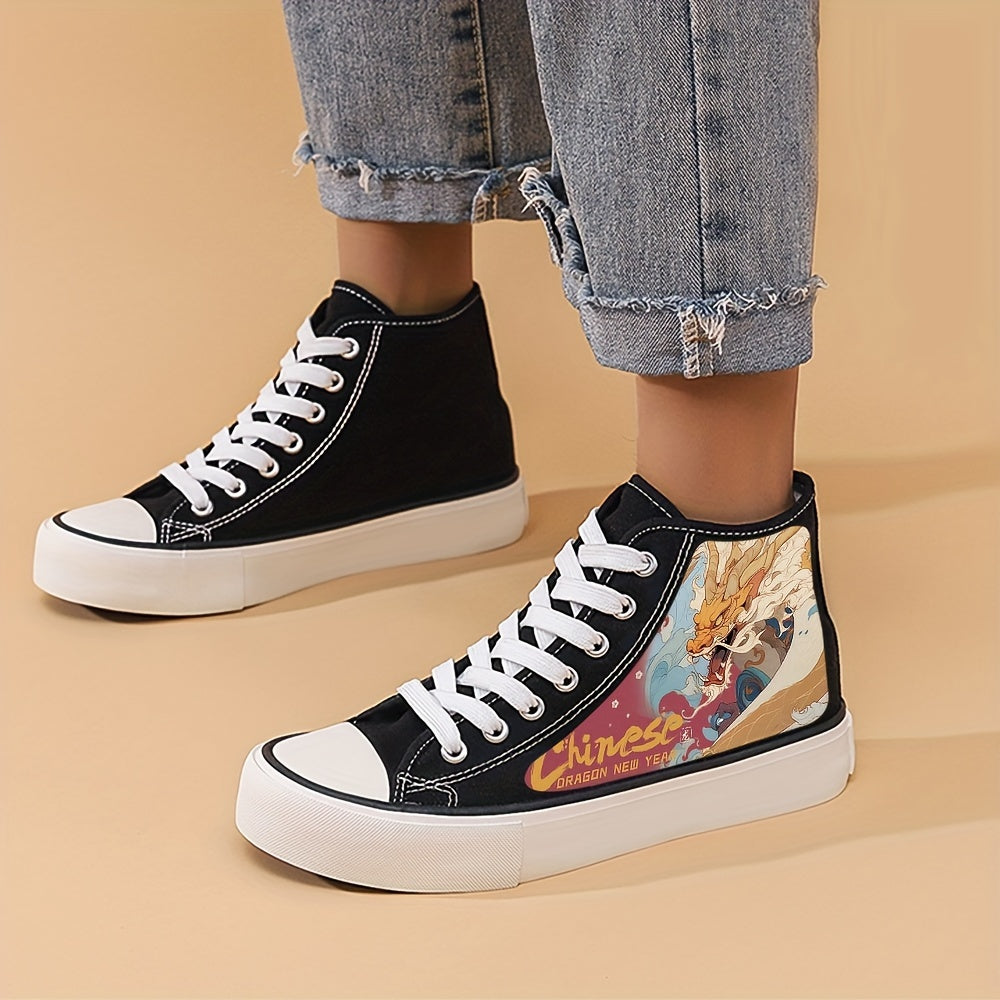 Chinese Dragon Print Heighten Canvas Sneakers