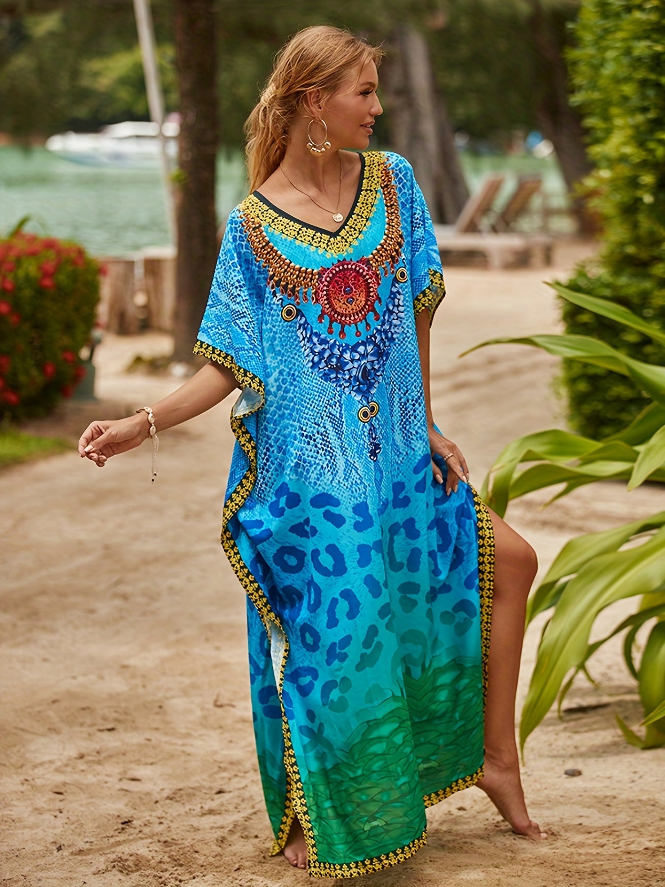 Boho Cover Up Dress Colorblock Leopard Print Bat Sleeve V Neck