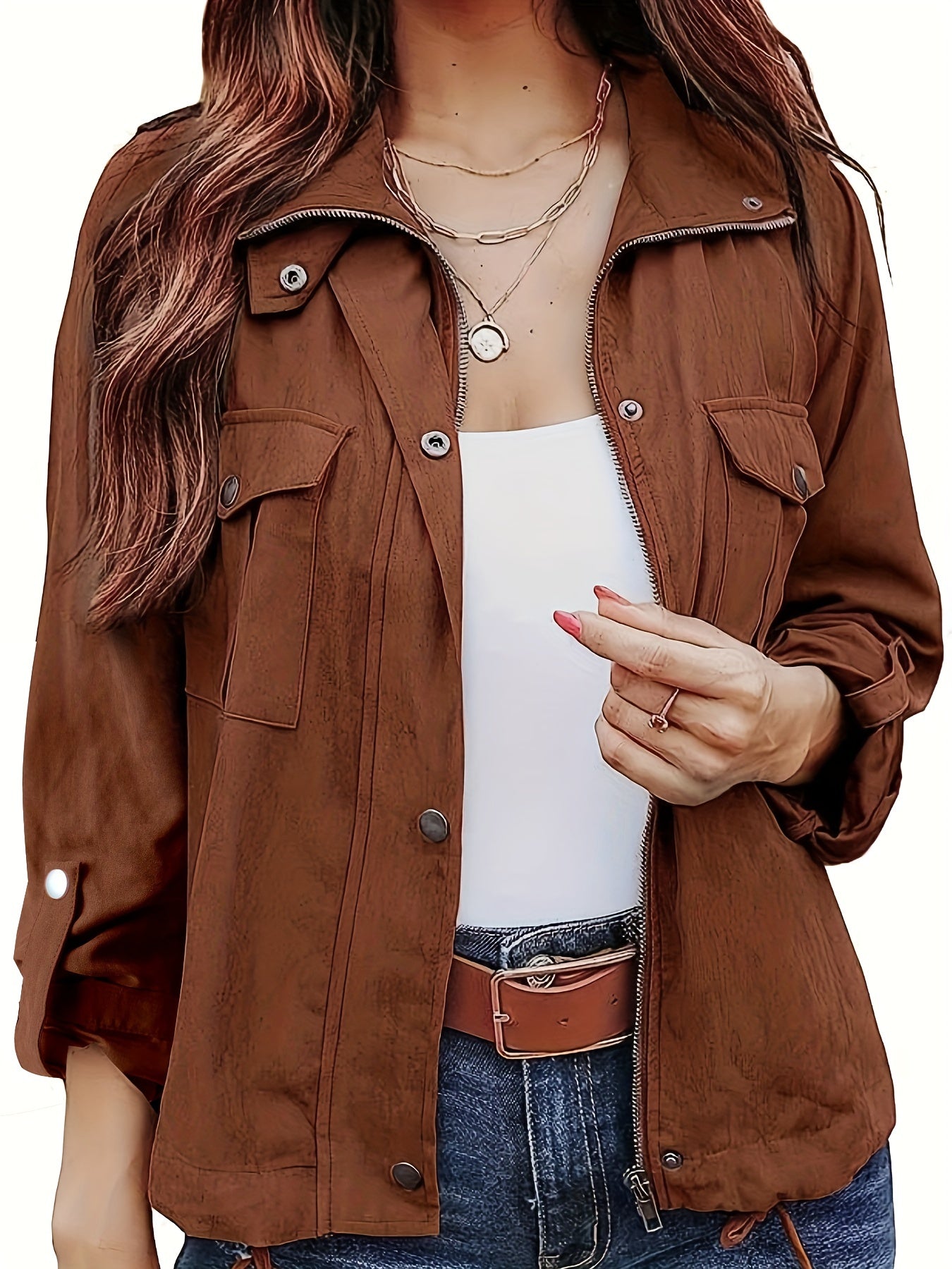 Vintage Zip Up Solid Jacket with Pockets