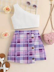 2pcs Toddler Girls Ribbed Crop Top Plaid Button Skirt Set