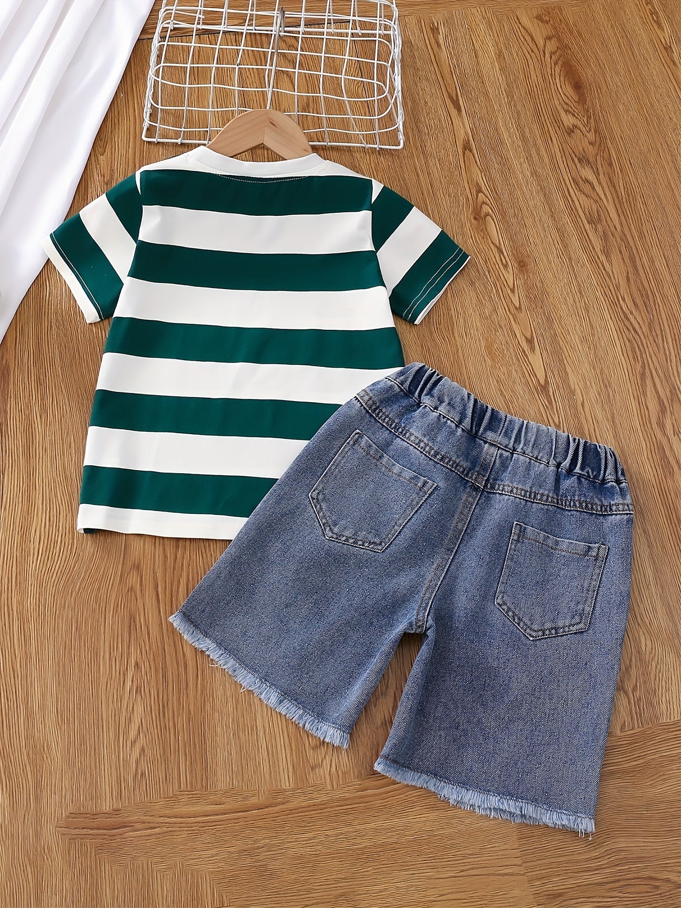 2pcs Boys Block Striped Tee & Short Jeans Set Summer Kids Outfits