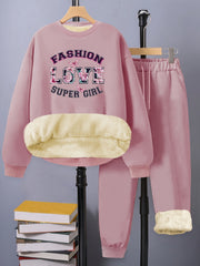 Women's Plus Letter Print Fleece Top & Pants Outfits Set