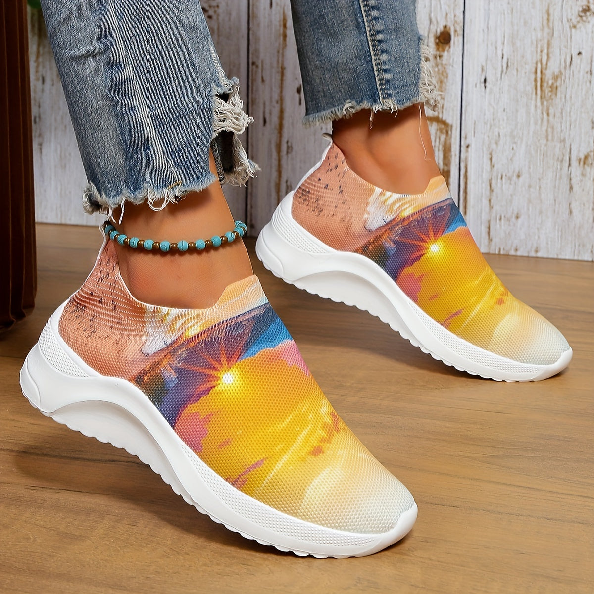 Women's Sky Printed Sock Shoes Knitted Slip On Sports Shoes