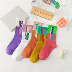 5 Pairs Letter Print Socks Colorblock Crew Socks Women's Stockings