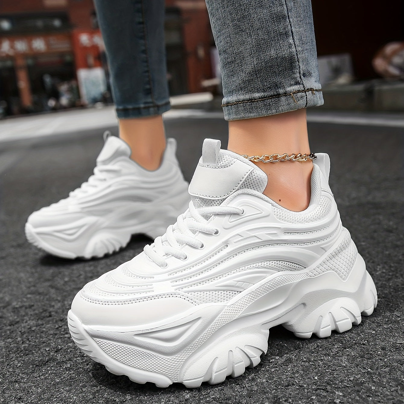 Women's Mesh Chunky Sneakers Lace Up Platform Shoes Comfortable Low Top