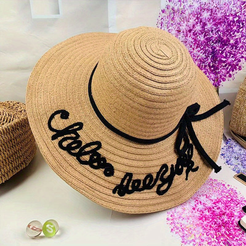 Letter Embroidery Sun Hat Wide Brim UV Protection Straw Hat