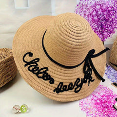 Letter Embroidery Sun Hat Wide Brim UV Protection Straw Hat