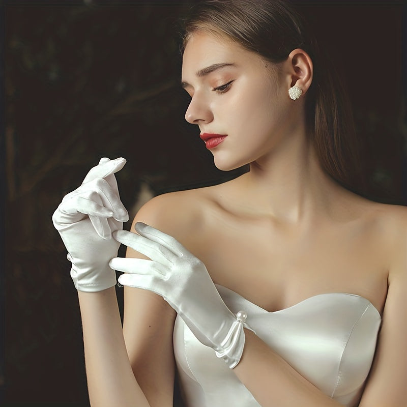 Satin Short Gloves Faux Pearl Prom Party Women's Accessories