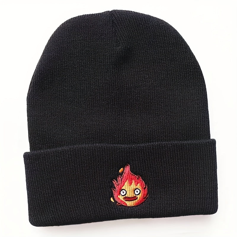Anime Flame Embroidery Beanie Cartoon Unisex Knit Hat Elastic Casual Skull Cap