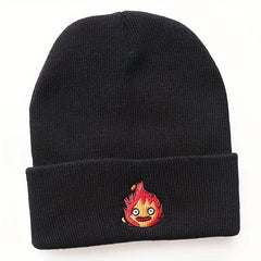 Anime Flame Embroidery Beanie Cartoon Unisex Knit Hat Elastic Casual Skull Cap