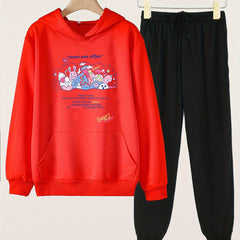 Girls Sweet Office Print Hoodie Sweatshirt & Sweatpants Set