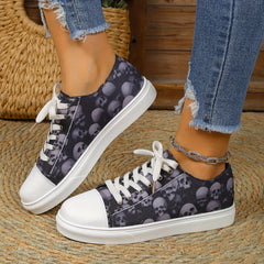Women's Skull Pattern Flat Sneakers Lace Up Lightweight Canvas Shoes