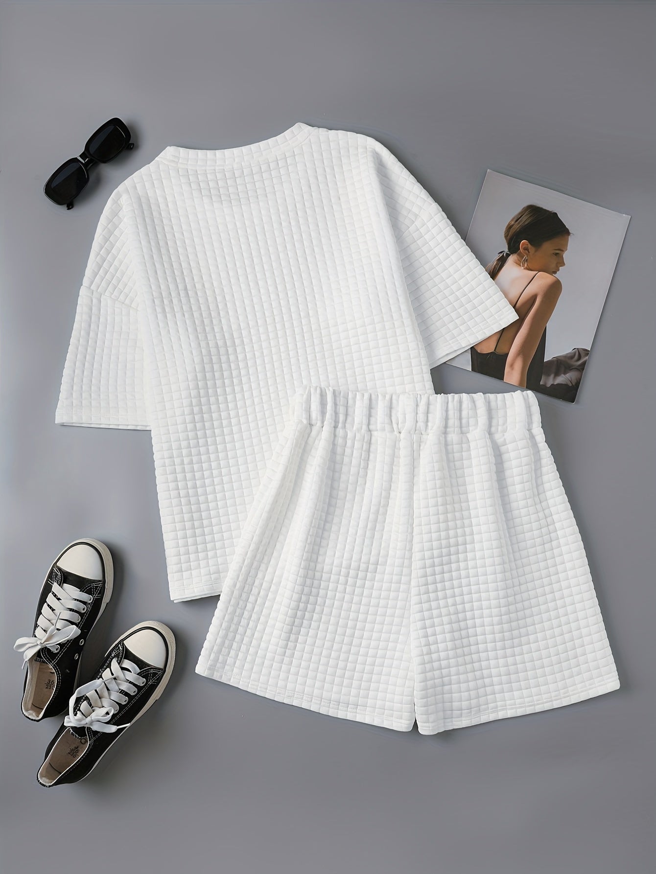 Waffle Casual Two piece Set T shirt & Shorts Women's Clothing