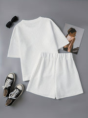 Waffle Casual Two piece Set T shirt & Shorts Women's Clothing