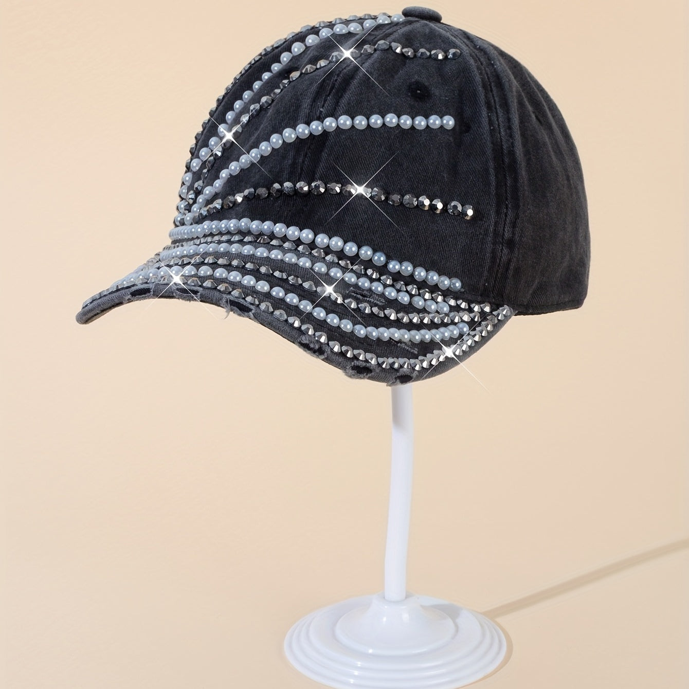 Distressed Ripped Baseball Cap Faux Pearl Rhinestone Vintage Dad Hat