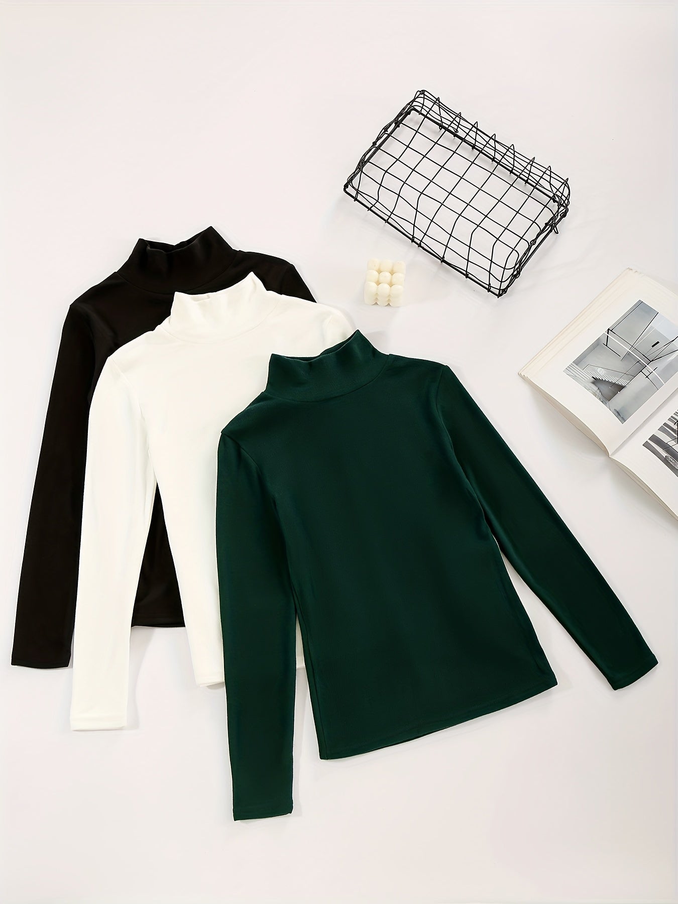 3pcs Solid High Neck Elastic Long Sleeve Tops for Women