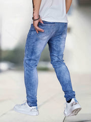 Embroidery Slim Fit Ripped Jeans Men's Casual Street Style Denim Pant