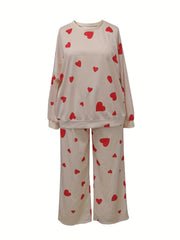 Heart Print Pullover Top & Drawstring Pants 2 Piece Set