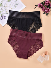 2pcs Lace Stitching Briefs Comfy Scallop Trim Panties