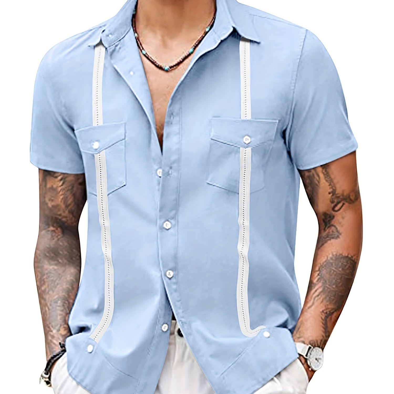 Stripe Print Men's Casual Camp Collar Cotton Short Sleeve Shirt