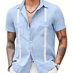 Stripe Print Men's Casual Camp Collar Cotton Short Sleeve Shirt