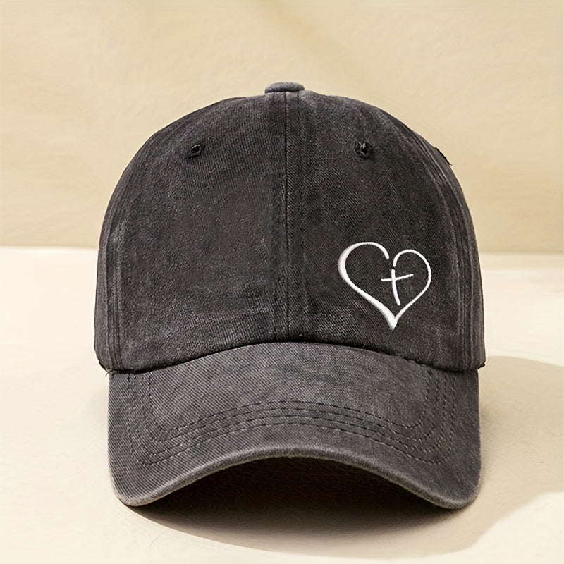 Heart Print Baseball Cap Washed Distressed Dad Hat