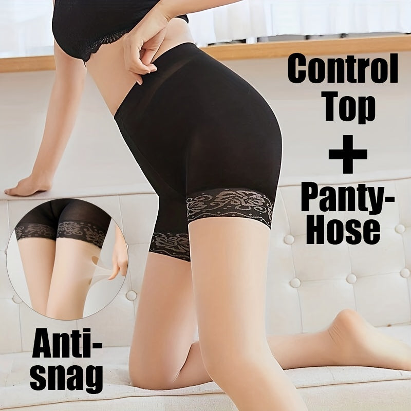 Floral Lace Stitching High Waist Semi Sheer Pantyhose Women's Stockings